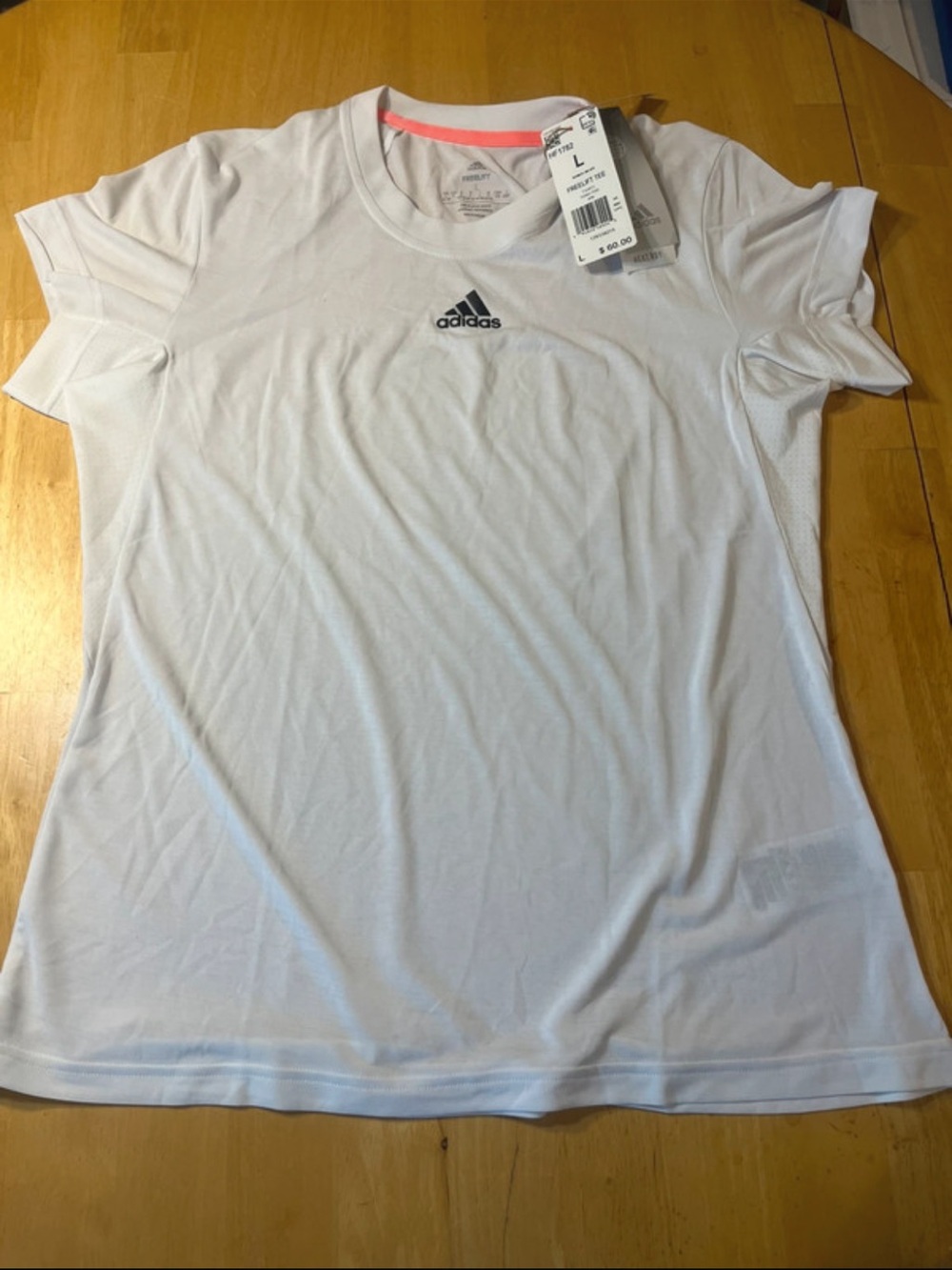 adidas Women's White Short-Sleeve Performance Tee with Coral Neck Detail